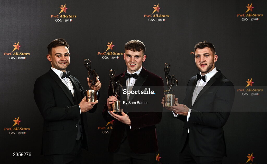 28 October 2022; Galway footballers, from left, Cillian McDaid, John Daly and Damien Comer with their PwC All-Star awards at the PwC All-Stars Awards 2022 at the Convention Centre in Dublin. Photo by Sam Barnes/Sportsfile