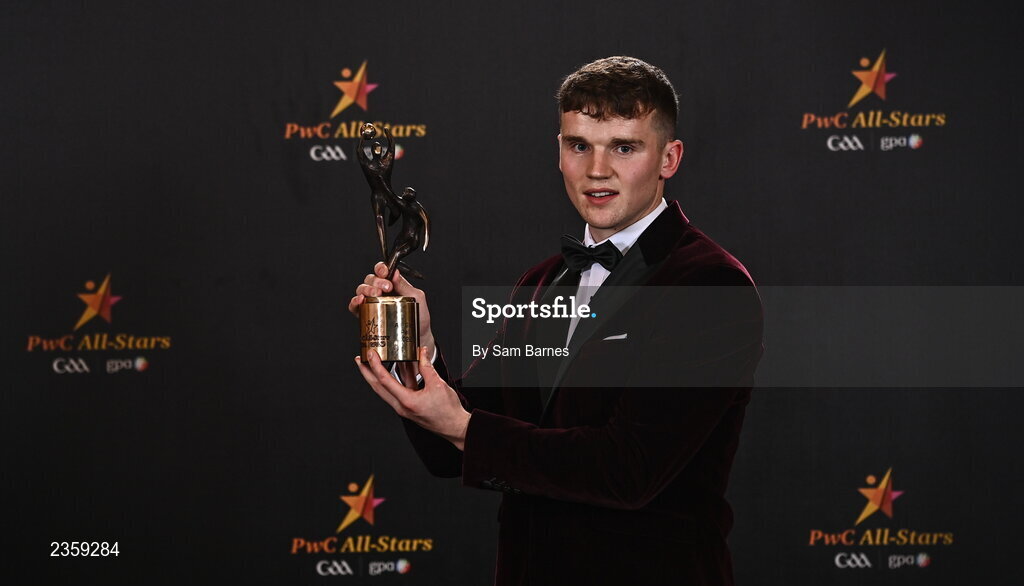 28 October 2022; Galway footballer Cillian McDaid with his PwC All-Star award at the PwC All-Stars Awards 2022 at the Convention Centre in Dublin. Photo by Sam Barnes/Sportsfile