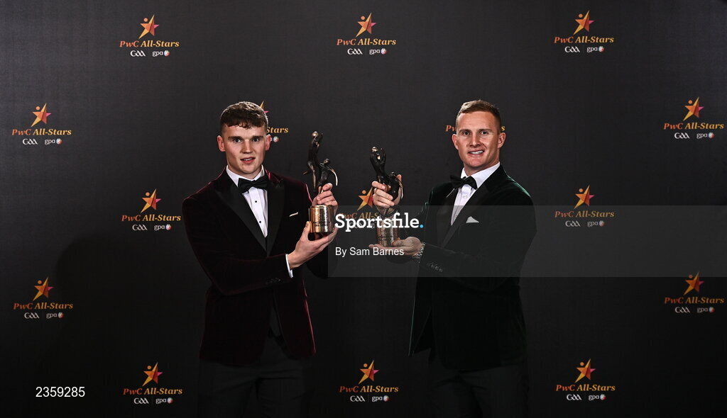 28 October 2022; Galway footballer Cillian McDaid, left, and Dublin footballer Ciarán Kilkenny with their PwC All-Star awards at the PwC All-Stars Awards 2022 at the Convention Centre in Dublin. Photo by Sam Barnes/Sportsfile