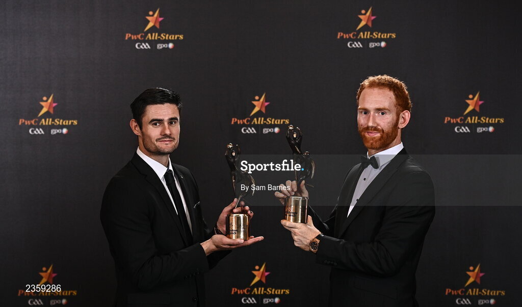 28 October 2022; Derry footballers Chrissy McKaigue, left, and Conor Glass with their PwC All-Star awards at the PwC All-Stars Awards 2022 at the Convention Centre in Dublin. Photo by Sam Barnes/Sportsfile
