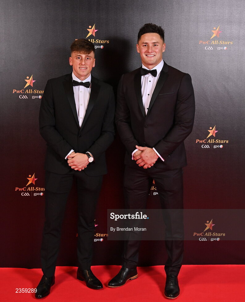 28 October 2022; Lee Chin and Damien Reck of Wexford on arrival at the PwC All-Stars Awards 2022 at the Convention Centre in Dublin. Photo by Brendan Moran/Sportsfile