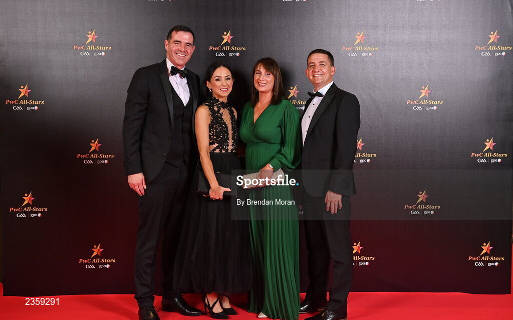 28 October 2022; Seán Hurson, Aileen Hurson, Áine Lyons and Colm Lyons on arrival at the PwC All-Stars Awards 2022 at the Convention Centre in Dublin. Photo by Brendan Moran/Sportsfile