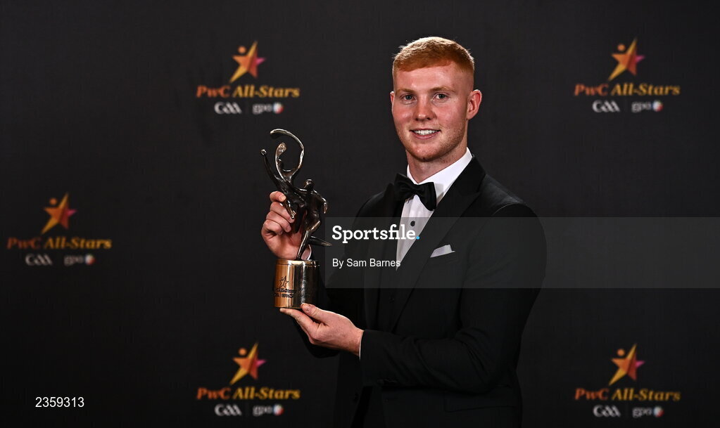 28 October 2022; Kilkenny hurler Adrian Mullen with his PwC All-Star award at the PwC All-Stars Awards 2022 at the Convention Centre in Dublin.  Photo by Sam Barnes/Sportsfile