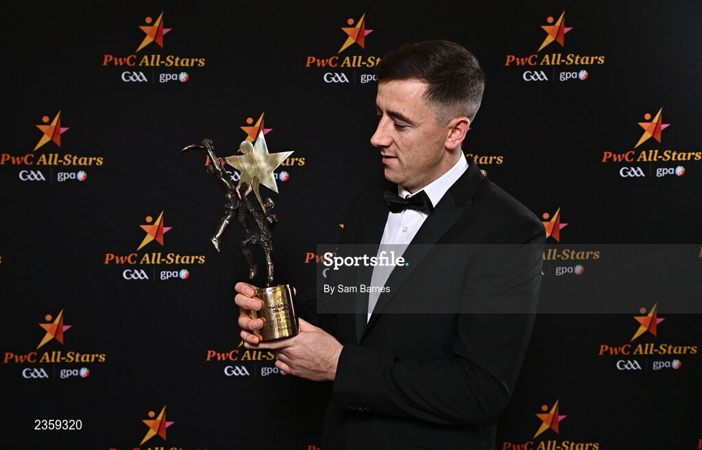 28 October 2022; Diarmaid Byrnes of Limerick with his PwC All Star Player of the Year award at the PwC All-Stars Awards 2022 at the Convention Centre in Dublin. Photo by Sam Barnes/Sportsfile