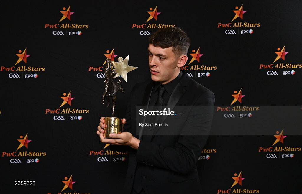 28 October 2022; David Clifford of Kerry with his PwC Player of the Year award at the PwC All-Stars Awards 2022 at the Convention Centre in Dublin. Photo by Sam Barnes/Sportsfile