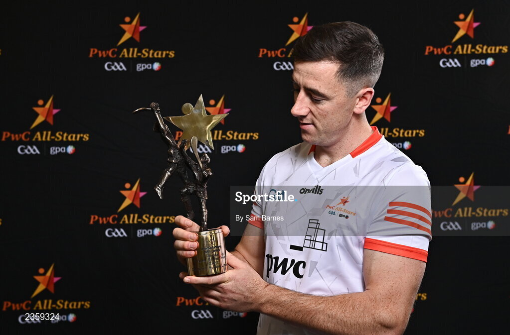 28 October 2022; Diarmaid Byrnes of Limerick with his PwC All Star Player of the Year award at the PwC All-Stars Awards 2022 at the Convention Centre in Dublin. Photo by Sam Barnes/Sportsfile