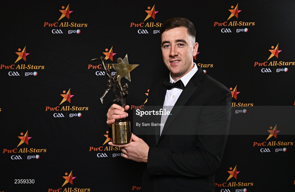 28 October 2022; Diarmaid Byrnes of Limerick with his PwC All Star Player of the Year award at the PwC All-Stars Awards 2022 at the Convention Centre in Dublin. Photo by Sam Barnes/Sportsfile