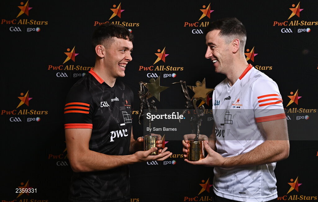 28 October 2022; David Clifford of Kerry, left, and Diarmaid Byrnes of Limerick, with their PwC All Star Player of the Year awards at the PwC All-Stars Awards 2022 at the Convention Centre in Dublin. Photo by Sam Barnes/Sportsfile
