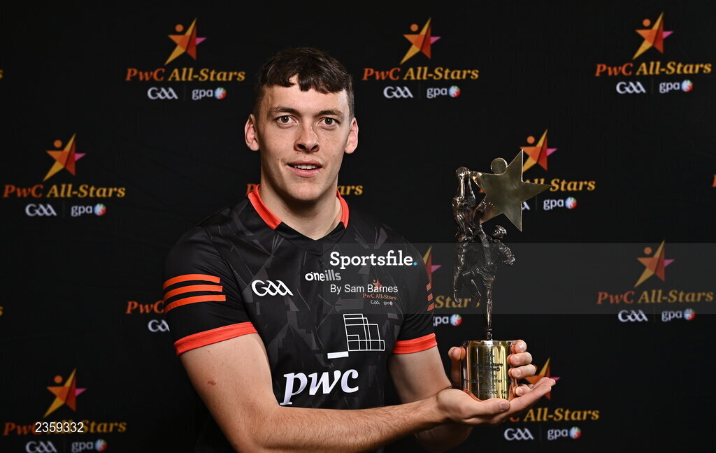 28 October 2022; David Clifford of Kerry with his PwC Player of the Year award at the PwC All-Stars Awards 2022 at the Convention Centre in Dublin. Photo by Sam Barnes/Sportsfile