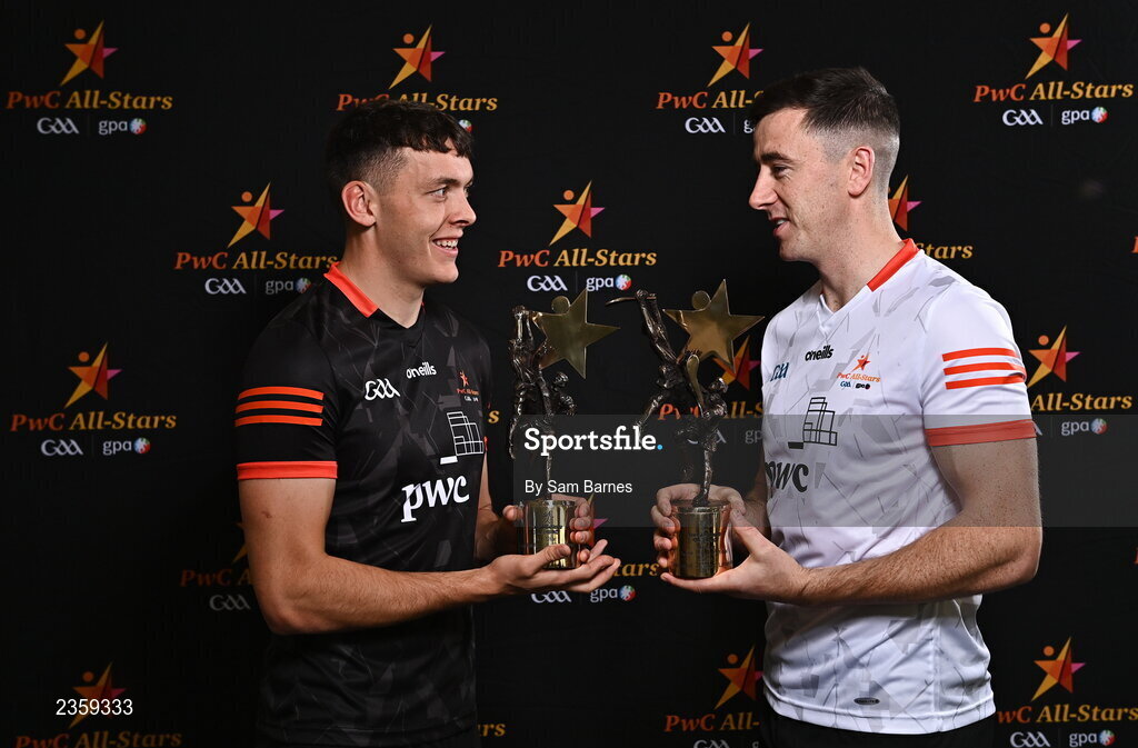 28 October 2022; David Clifford of Kerry, left, and Diarmaid Byrnes, with their PwC All Star Player of the Year awards at the PwC All-Stars Awards 2022 at the Convention Centre in Dublin. Photo by Sam Barnes/Sportsfile