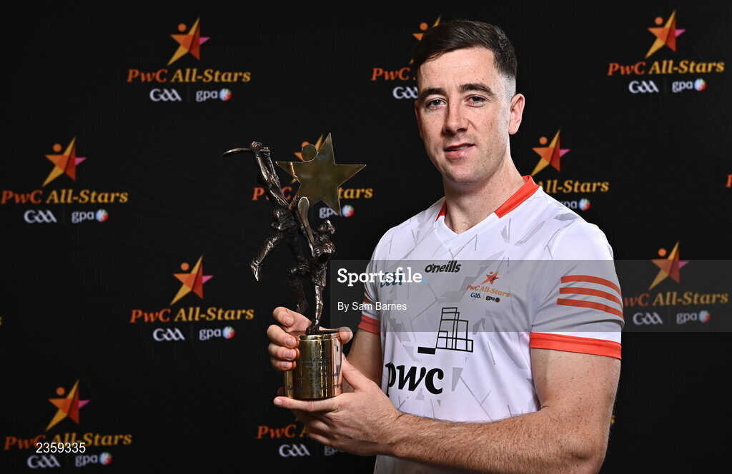 28 October 2022; Diarmaid Byrnes of Limerick with his PwC All Star Player of the Year award at the PwC All-Stars Awards 2022 at the Convention Centre in Dublin. Photo by Sam Barnes/Sportsfile