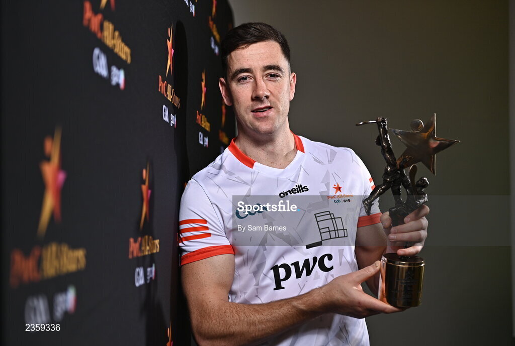 28 October 2022; Diarmaid Byrnes of Limerick with his PwC All Star Player of the Year award at the PwC All-Stars Awards 2022 at the Convention Centre in Dublin. Photo by Sam Barnes/Sportsfile