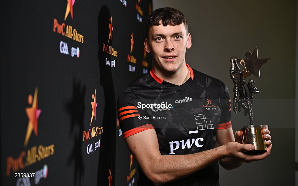28 October 2022; David Clifford of Kerry with his PwC Player of the Year award at the PwC All-Stars Awards 2022 at the Convention Centre in Dublin. Photo by Sam Barnes/Sportsfile