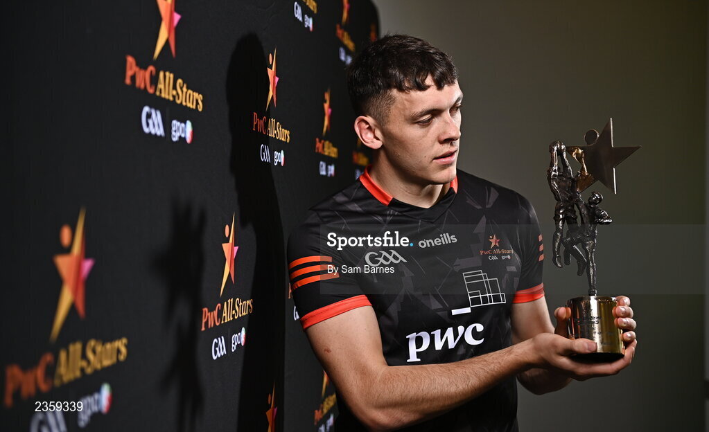 28 October 2022; David Clifford of Kerry with his PwC Player of the Year award at the PwC All-Stars Awards 2022 at the Convention Centre in Dublin. Photo by Sam Barnes/Sportsfile