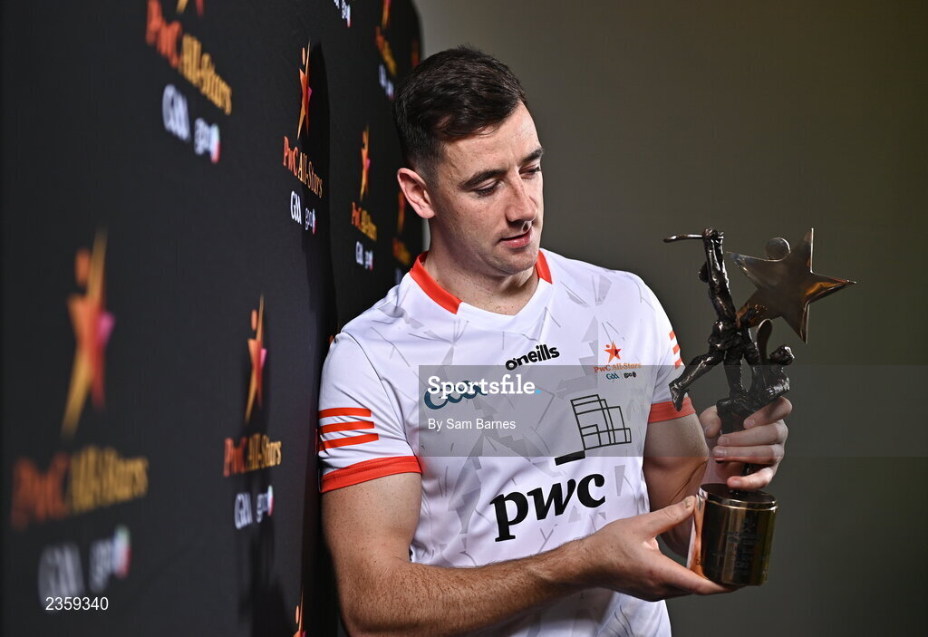 28 October 2022; Diarmaid Byrnes of Limerick with his PwC All Star Player of the Year award at the PwC All-Stars Awards 2022 at the Convention Centre in Dublin. Photo by Sam Barnes/Sportsfile
