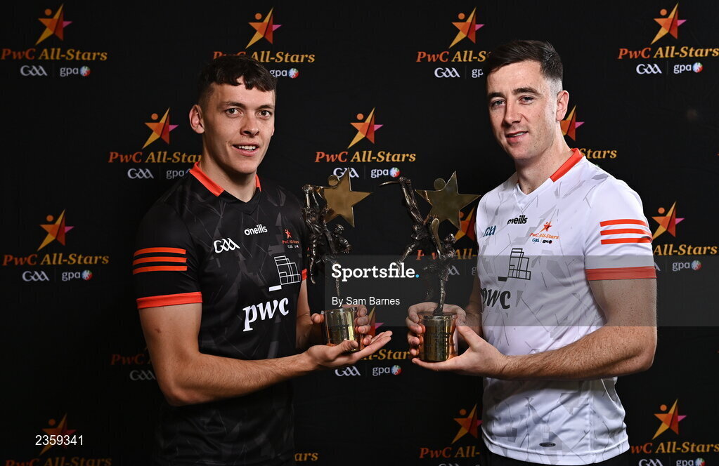 28 October 2022; David Clifford of Kerry, left, and Diarmaid Byrnes of Limerick, with their PwC All Star Player of the Year awards at the PwC All-Stars Awards 2022 at the Convention Centre in Dublin. Photo by Sam Barnes/Sportsfile