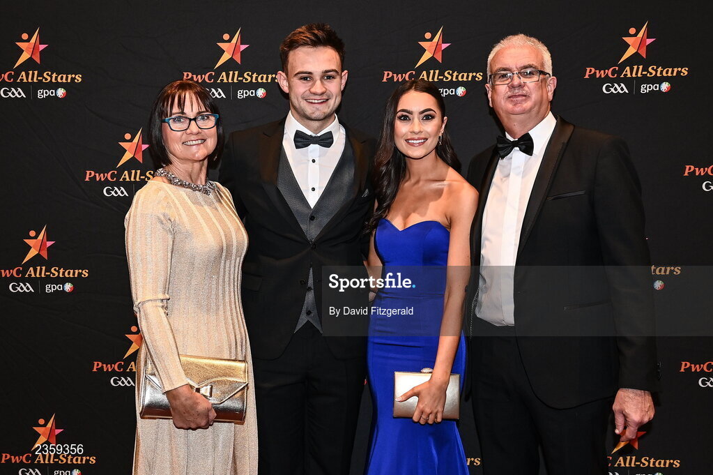 28 October 2022; Cillian McDaid of Galway and Niamh Mannion, with Cillian's parents Louise and Garvan on arrival at the PwC All-Stars Awards 2022 at the Convention Centre in Dublin. Photo by David Fitzgerald/Sportsfile