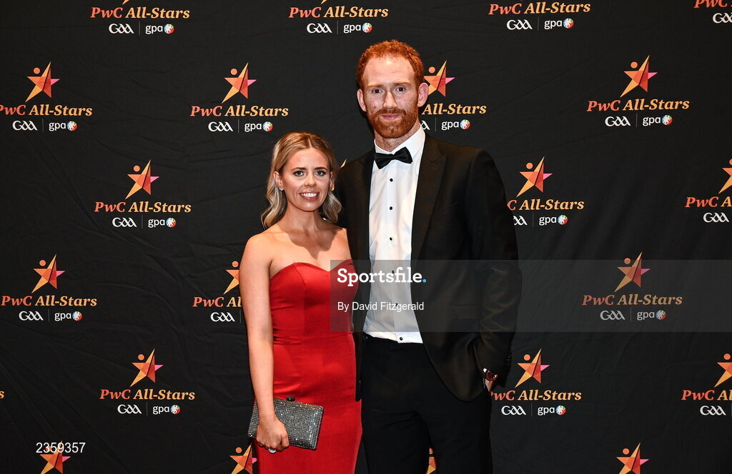 28 October 2022; Conor Glass of Derry and Niamh O'Donnell on arrival at the PwC All-Stars Awards 2022 at the Convention Centre in Dublin. Photo by David Fitzgerald/Sportsfile