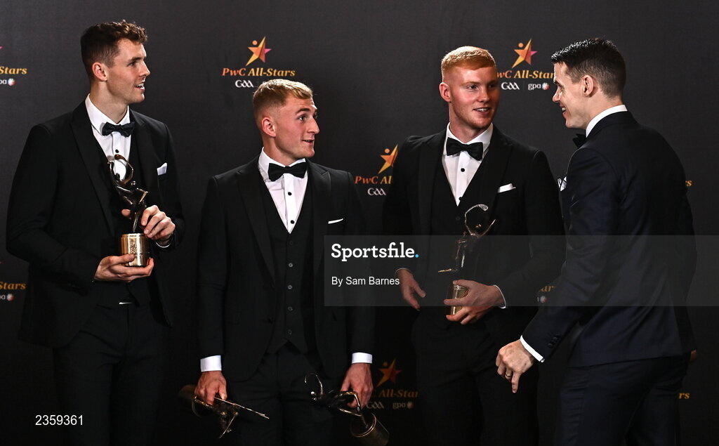 28 October 2022; Kilkenny hurlers, from left, Huw Lawlor, Mikey Butler, Adrian Mullen and TJ Reid with their PwC All-Star awards at the PwC All-Stars Awards 2022 at the Convention Centre in Dublin.  Photo by Sam Barnes/Sportsfile