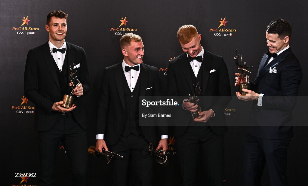 28 October 2022; Kilkenny hurlers, from left, Huw Lawlor, Mikey Butler, Adrian Mullen and TJ Reid with their PwC All-Star awards at the PwC All-Stars Awards 2022 at the Convention Centre in Dublin.  Photo by Sam Barnes/Sportsfile
