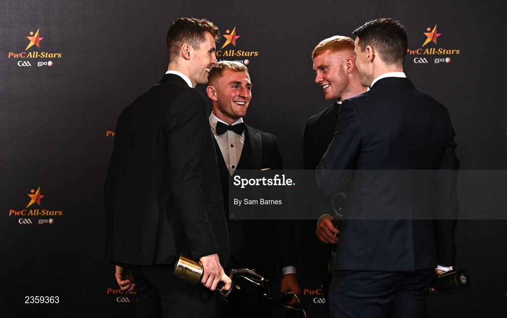 28 October 2022; Kilkenny hurlers, from left, Huw Lawlor, Mikey Butler, Adrian Mullen and TJ Reid with their PwC All-Star awards at the PwC All-Stars Awards 2022 at the Convention Centre in Dublin.  Photo by Sam Barnes/Sportsfile
