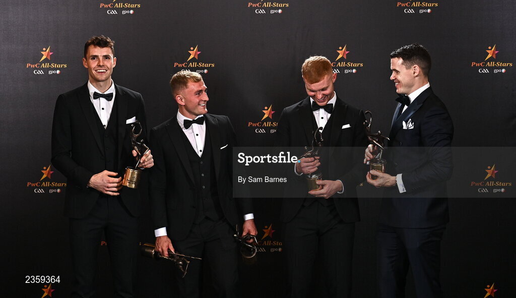 28 October 2022; Kilkenny hurlers, from left, Huw Lawlor, Mikey Butler, Adrian Mullen and TJ Reid with their PwC All-Star awards at the PwC All-Stars Awards 2022 at the Convention Centre in Dublin.  Photo by Sam Barnes/Sportsfile