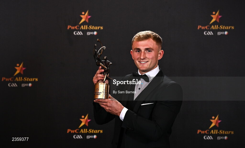 28 October 2022; Kilkenny hurler Mikey Butler with his PwC All-Star award at the PwC All-Stars Awards 2022 at the Convention Centre in Dublin.  Photo by Sam Barnes/Sportsfile