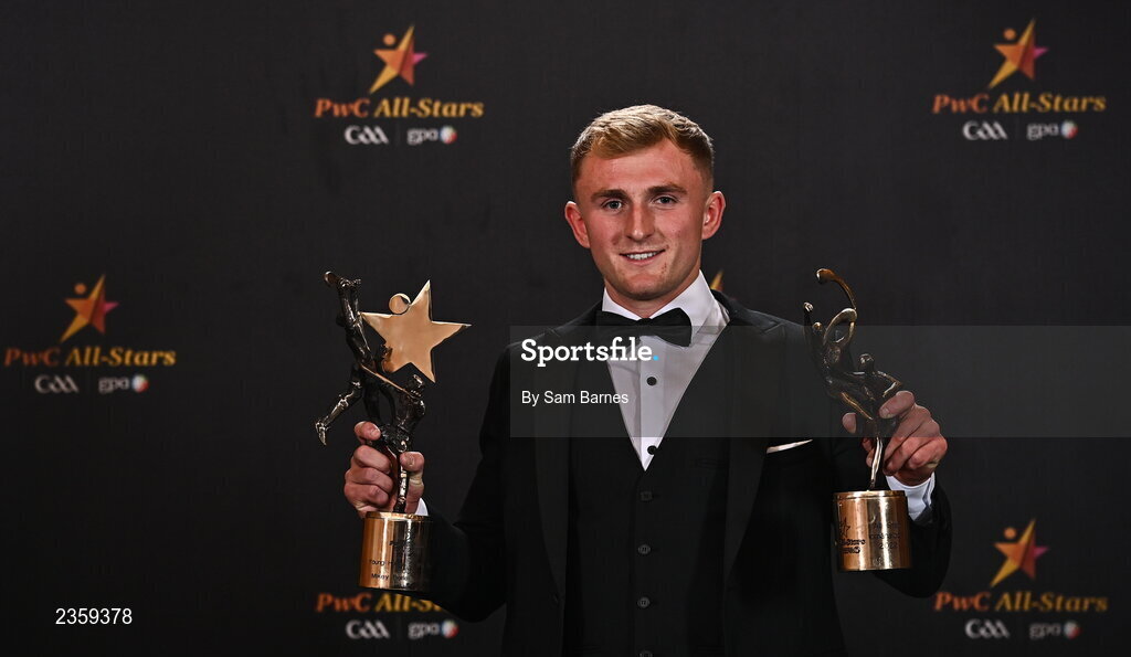 28 October 2022; Kilkenny hurler Mikey Butler with his PwC All-Star awards at the PwC All-Stars Awards 2022 at the Convention Centre in Dublin.  Photo by Sam Barnes/Sportsfile