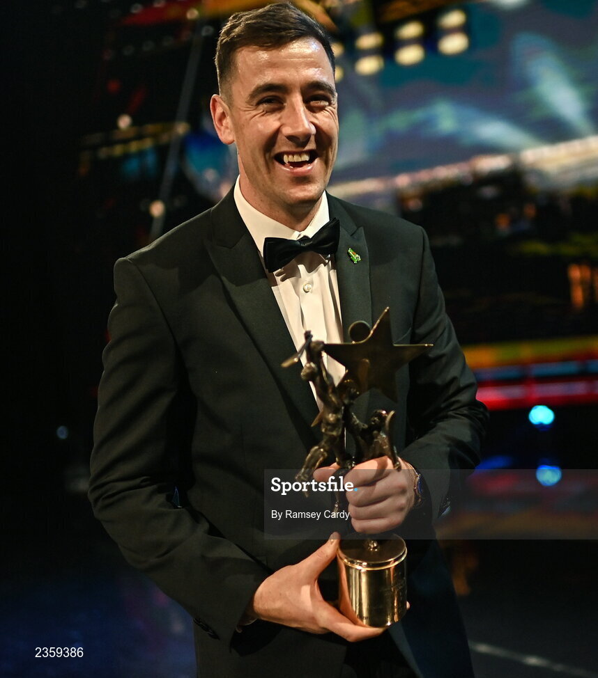 28 October 2022; Diarmaid Byrnes of Limerick with his PwC All Star Player of the Year award at the PwC All-Stars Awards 2022 at the Convention Centre in Dublin. Photo by Ramsey Cardy/Sportsfile