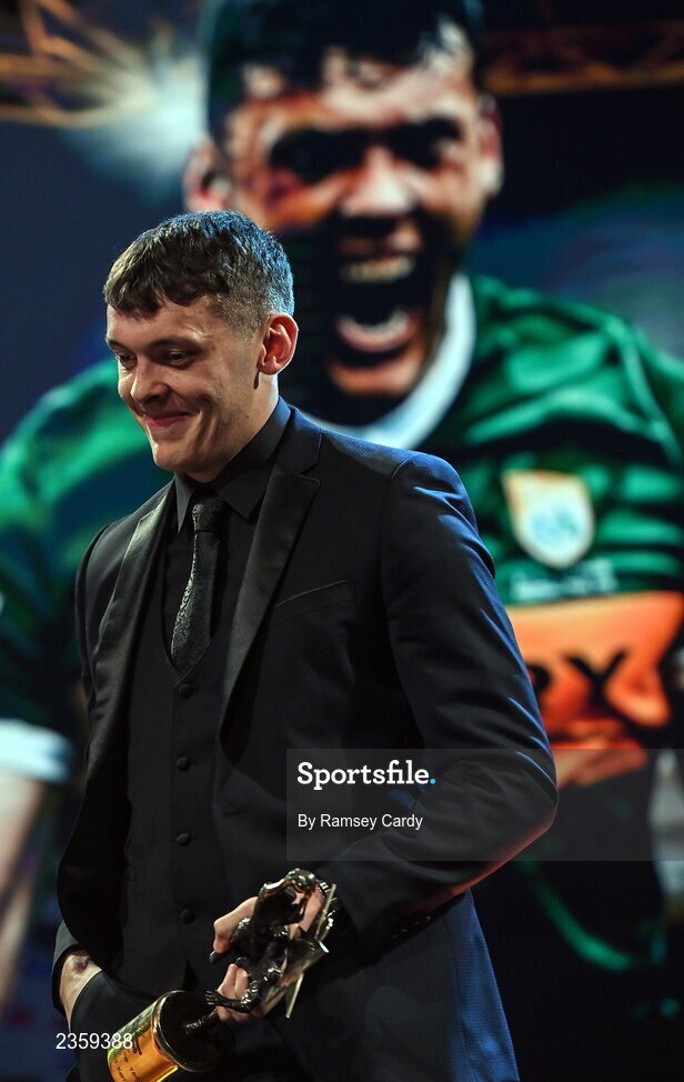 28 October 2022; Footballer of the year David Clifford of Kerry with his PwC All-Stars Award during the PwC All-Stars Awards 2022 show at the Convention Centre in Dublin. Photo by Ramsey Cardy/Sportsfile