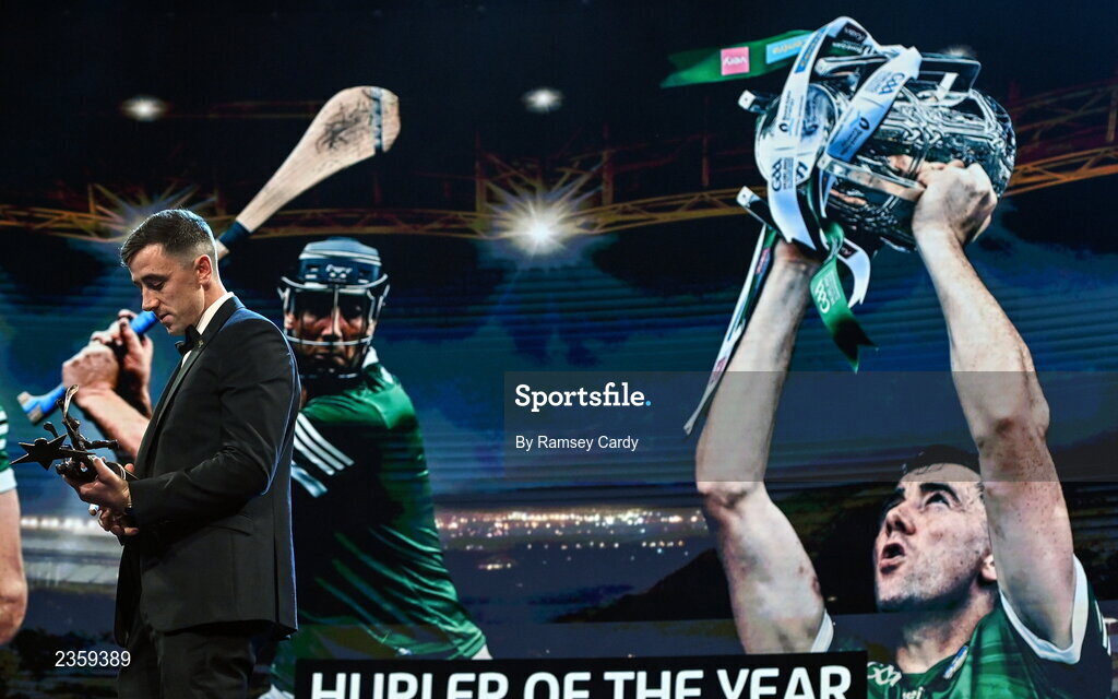 28 October 2022; Hurler of the Diarmaid Byrnes of Limerick with his award during the PwC All-Stars Awards 2022 show at the Convention Centre in Dublin. Photo by Ramsey Cardy/Sportsfile