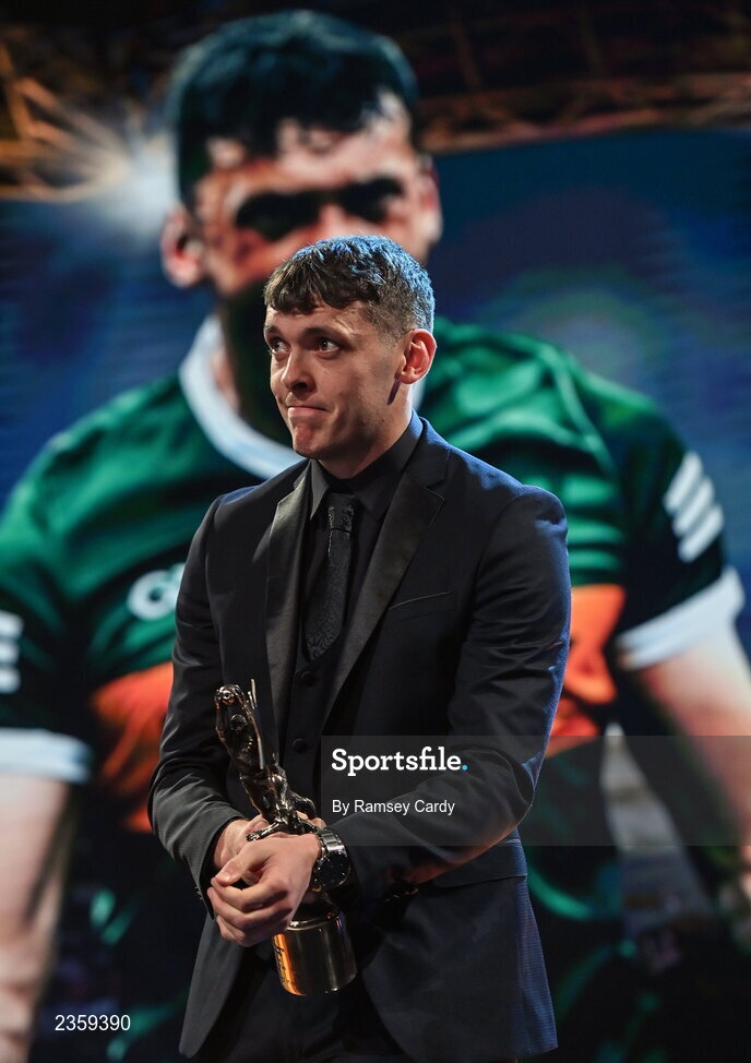 28 October 2022; Footballer of the year David Clifford of Kerry with his PwC All-Stars Award during the PwC All-Stars Awards 2022 show at the Convention Centre in Dublin. Photo by Ramsey Cardy/Sportsfile