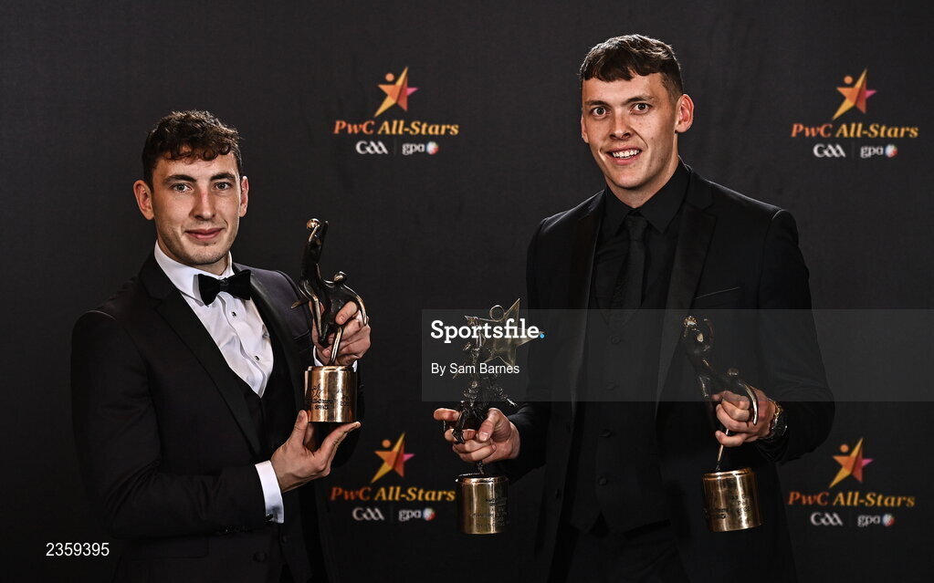 28 October 2022; David Clifford, right, and Paudie Clifford of Kerry with their PwC All Star award at the PwC All-Stars Awards 2022 at the Convention Centre in Dublin. Photo by Sam Barnes/Sportsfile