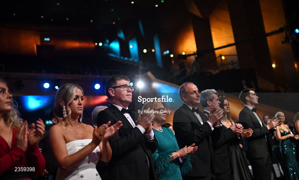 28 October 2022; An Taoiseach Micheál Martin TD, right, and Ard Stiúrthóir of the GAA Tom Ryan during the PwC All-Stars Awards 2022 show at the Convention Centre in Dublin. Photo by Ramsey Cardy/Sportsfile