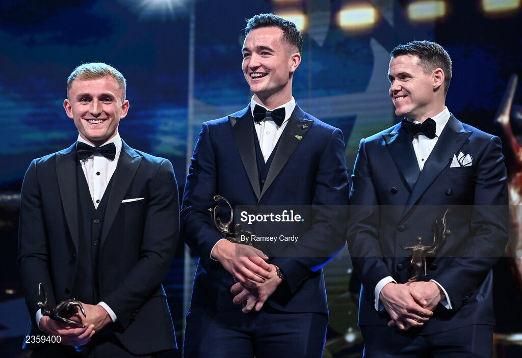 28 October 2022; Hurlers, from left, Mikey Butler of Kilkenny, Kyle Hayes of Limerick and TJ Reid of Kilkenny during the PwC All-Stars Awards 2022 show at the Convention Centre in Dublin. Photo by Ramsey Cardy/Sportsfile