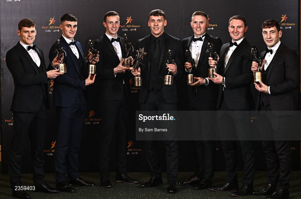 28 October 2022; Kerry footballers, from left, Gavin White, Sean O'Shea, Shane Ryan, David Clifford, Jason Foley, Tadhg Morley, and Paudie Clifford with their PwC All Star awards at the PwC All-Stars Awards 2022 at the Convention Centre in Dublin. Photo by Sam Barnes/Sportsfile