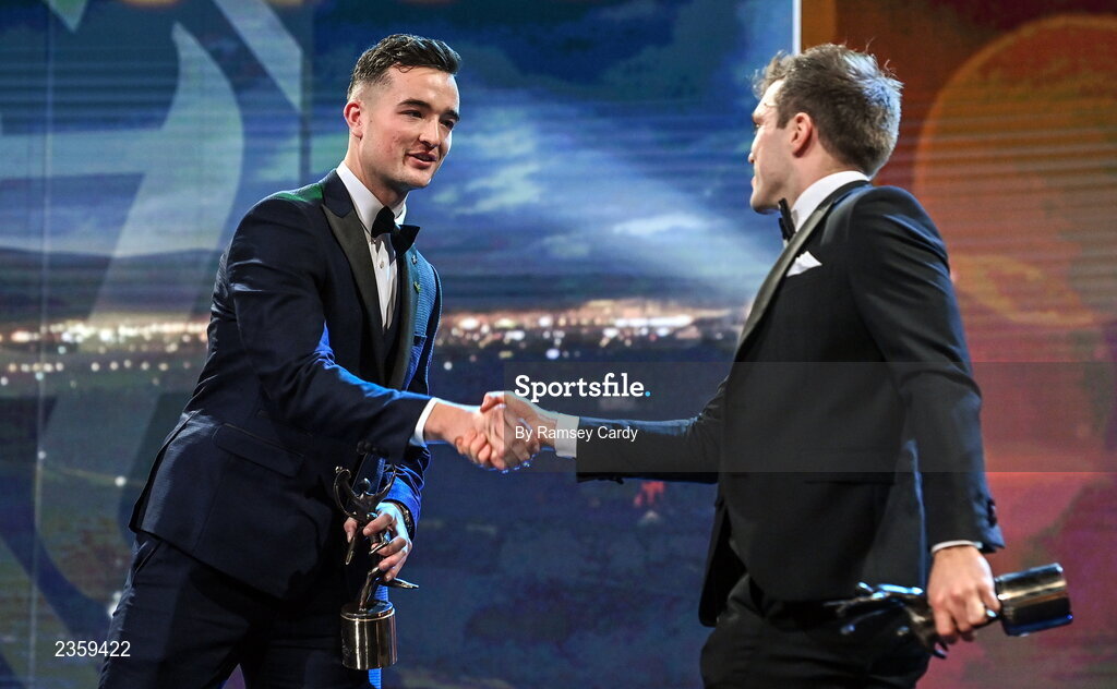28 October 2022; Kyle Hayes of Limerick and Shane O’Donnell of Clare with their PwC All-Star awards during the PwC All-Stars Awards 2022 show at the Convention Centre in Dublin. Photo by Ramsey Cardy/Sportsfile