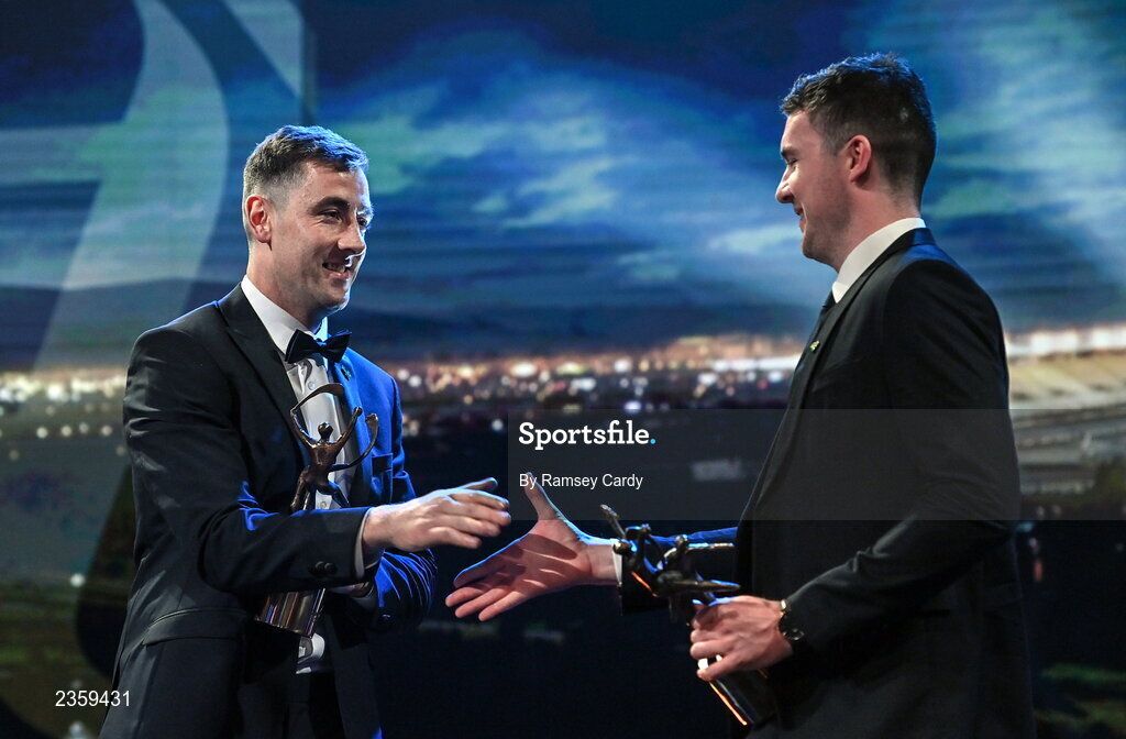 28 October 2022; Diarmaid Byrnes of Limerick, left, and Declan Hannon of Limerick with their PwC All-Star awards during the PwC All-Stars Awards 2022 show at the Convention Centre in Dublin. Photo by Ramsey Cardy/Sportsfile