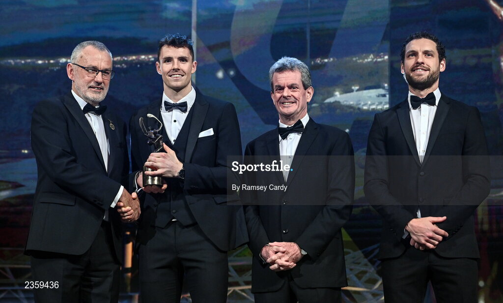 28 October 2022; Huw Lawlor of Kilkenny is presented with his PwC All-Star award by Uachtarán Chumann Lúthchleas Gael Larry McCarthy, PwC Ireland managing partner Feargal O'Rourke and GPA chief executive officer Tom Parsons during the PwC All-Stars Awards 2022 show at the Convention Centre in Dublin. Photo by Ramsey Cardy/Sportsfile