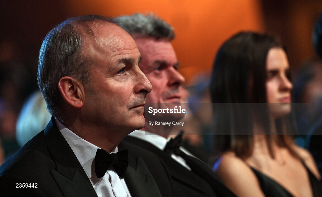28 October 2022; An Taoiseach Micheál Martin TD during the PwC All-Stars Awards 2022 show at the Convention Centre in Dublin. Photo by Ramsey Cardy/Sportsfile