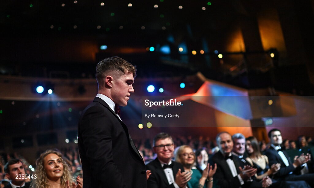 28 October 2022; PwC GAA/GPA Young Footballer of the Year Jack Glynn of Galway during the PwC All-Stars Awards 2022 show at the Convention Centre in Dublin. Photo by Ramsey Cardy/Sportsfile