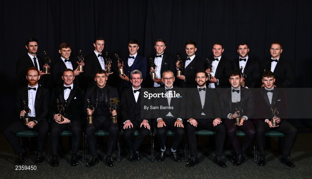 28 October 2022; The PwC GAA GPA All-Star football team of the year, back row, Chrissy McKaigue of Derry, Gavin White of Kerry, Shane Ryan of Kerry, Sean O’Shea of Kerry, Jason Foley of Kerry, Cillian McDaid of Galway, Tadhg Morley of Kerry, Damien Comer of Galway, Brian Silke, representing his son Liam, front row, from left, Conor Glass of Derry, Ciarán Kilkenny of Dublin, David Clifford of Kerry, PwC Ireland managing partner Feargal O'Rourke, Uachtarán Chumann Lúthchleas Gael Larry McCarthy, GPA chief executive officer Tom Parsons, Paudie Clifford of Kerry, and John Daly of Galway during the PwC All-Star awards at the PwC All-Stars Awards 2022 at the Convention Centre in Dublin. Photo by Sam Barnes/Sportsfile