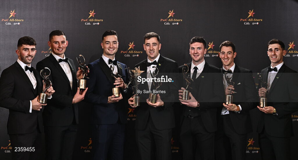 28 October 2022; Limerick hurlers, from left, Aaron Gillane, Gearoid Hegarty, Kyle Hayes, Diarmaid Byrnes, Declan Hannon, Nickie Quaid and Barry Nash with their PwC All-Star awards at the PwC All-Stars Awards 2022 at the Convention Centre in Dublin. Photo by Sam Barnes/Sportsfile