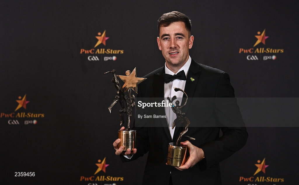28 October 2022; Limerick hurler Diarmaid Byrnes with his PwC All-Star awards at the PwC All-Stars Awards 2022 at the Convention Centre in Dublin.  Photo by Sam Barnes/Sportsfile