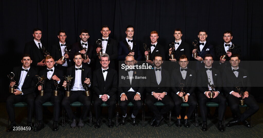 28 October 2022; The PwC GAA GPA All-Star hurling team, back row, from left, Declan Hannon of Limerick, Nickie Quaid of Limerick, Aaron Gillane of Limerick, Gearóid Hegarty of Limerick, Kyle Hayes of Limerick, Adrian Mullen of Kilkenny, Huw Lawlor of Kilkenny, TJ Reid of Kilkenny, Pádraic Mannion of Galway, front row, from left, Barry Nash of Limerick, Mikey Butler of Kilkenny, Diarmaid Byrnes of Limerick, PwC Ireland managing partner Feargal O'Rourke, Uachtarán Chumann Lúthchleas Gael Larry McCarthy, GPA chief executive officer Tom Parsons, Shane O’Donnell of Clare, Tony Kelly of Clare, and David Fitzgerald of Clare, during the PwC All-Star awards at the PwC All-Stars Awards 2022 at the Convention Centre in Dublin. Photo by Sam Barnes/Sportsfile