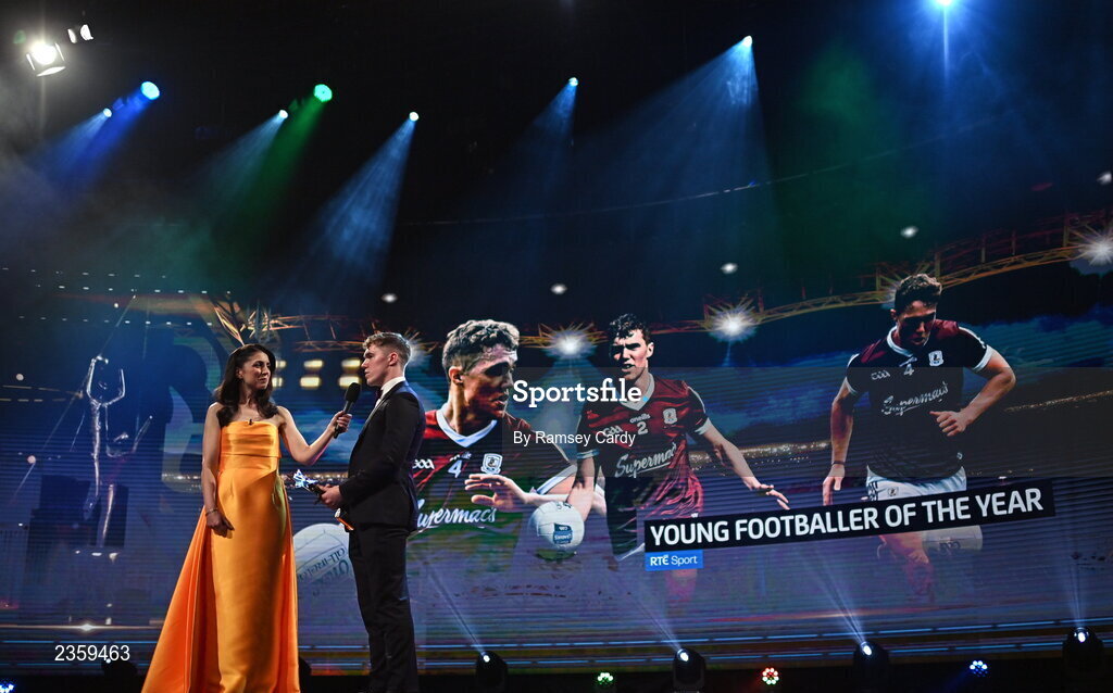 28 October 2022; PwC GAA/GPA Young Footballer of the Year Jack Glynn of Galway is interviewed by RTE presenter Joanne Cantwell during the PwC All-Stars Awards 2022 show at the Convention Centre in Dublin. Photo by Ramsey Cardy/Sportsfile