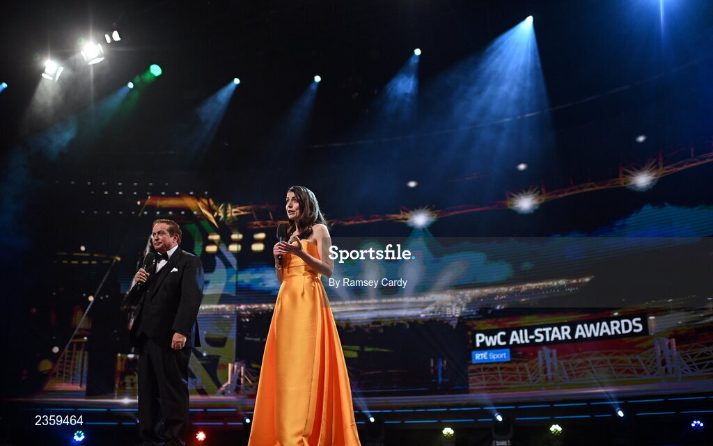 28 October 2022; RTE presenters Joanne Cantwell and Marty Morrissey during the PwC All-Stars Awards 2022 show at the Convention Centre in Dublin. Photo by Ramsey Cardy/Sportsfile