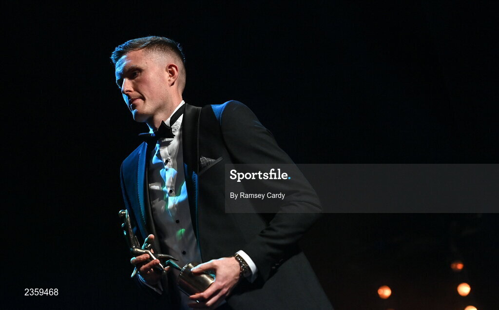 28 October 2022; Jason Foley of Kerry with his PwC All-Star award during the PwC All-Stars Awards 2022 show at the Convention Centre in Dublin. Photo by Ramsey Cardy/Sportsfile