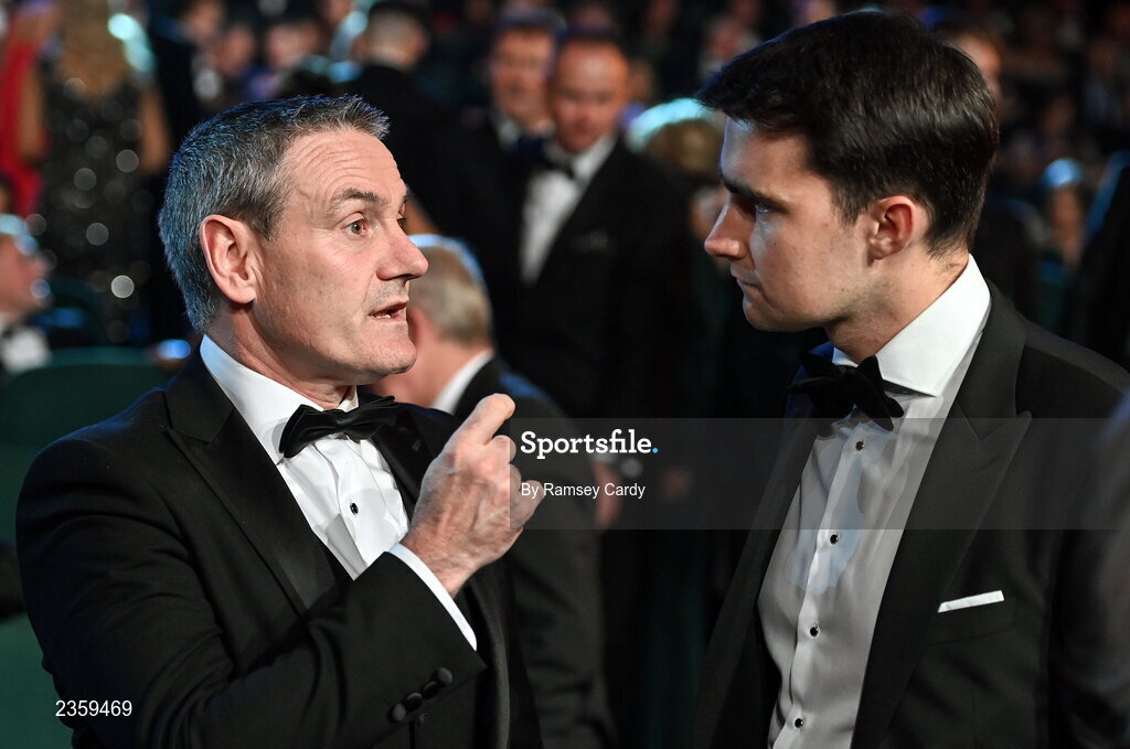 28 October 2022; Ulster GAA President Ciarán McLaughlin, left, in conversation with Minister of State for Sport and the Gaeltacht Jack Chambers TD during the PwC All-Stars Awards 2022 show at the Convention Centre in Dublin. Photo by Ramsey Cardy/Sportsfile
