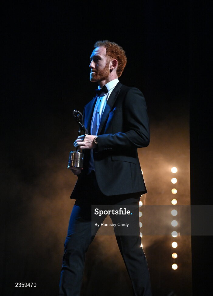 28 October 2022; Conor Glass of Derry with his PwC All-Star award during the PwC All-Stars Awards 2022 show at the Convention Centre in Dublin. Photo by Ramsey Cardy/Sportsfile